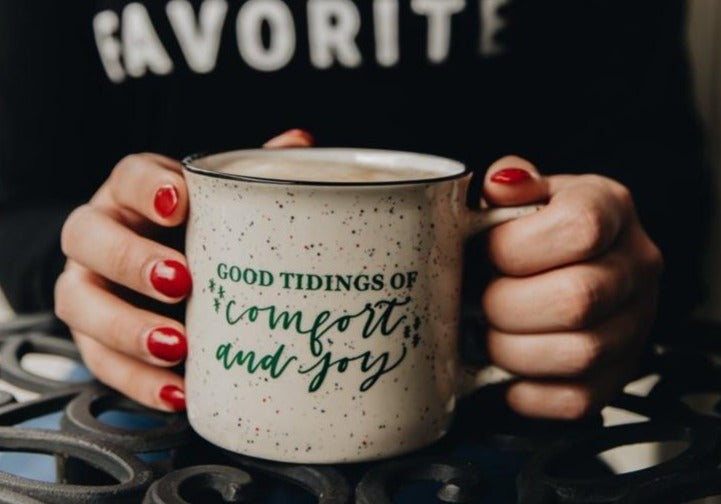 Comfort and Joy Speckled Camper Mug